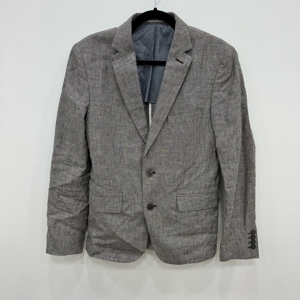 Zara Mens Houndstooth Blazer brown tan tones Linen sport coat Sz 36 half lined